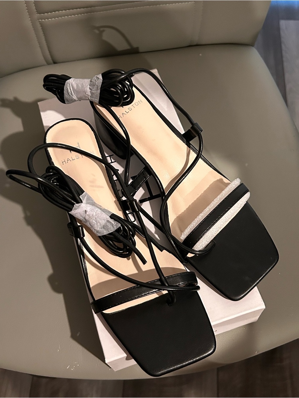 H by Halston Black Strappy Square-Toe Lace-Up Sandals